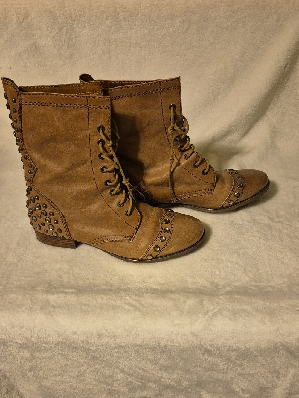 Gianni Bini Tan Lace-Up Studded Ankle Boots